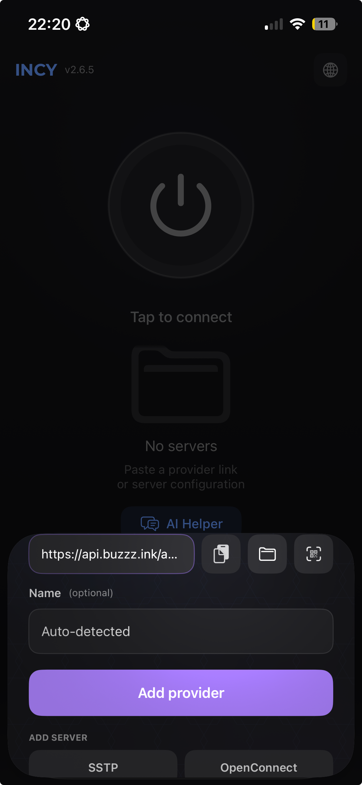INCY screen with the Buzz VPN subscription added